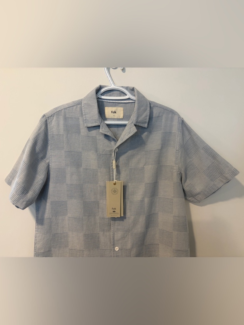 Folk Mens Blue Checkered Short-Sleeve Button-Down Cotton Aloha Shirt NWT! - Picture 3 of 12